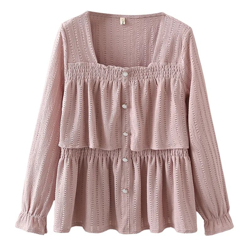 

Plus Size Women's Blouses Autumn New Fashionable Square Collar Hollow Out Long Sleeved Shirt 2515