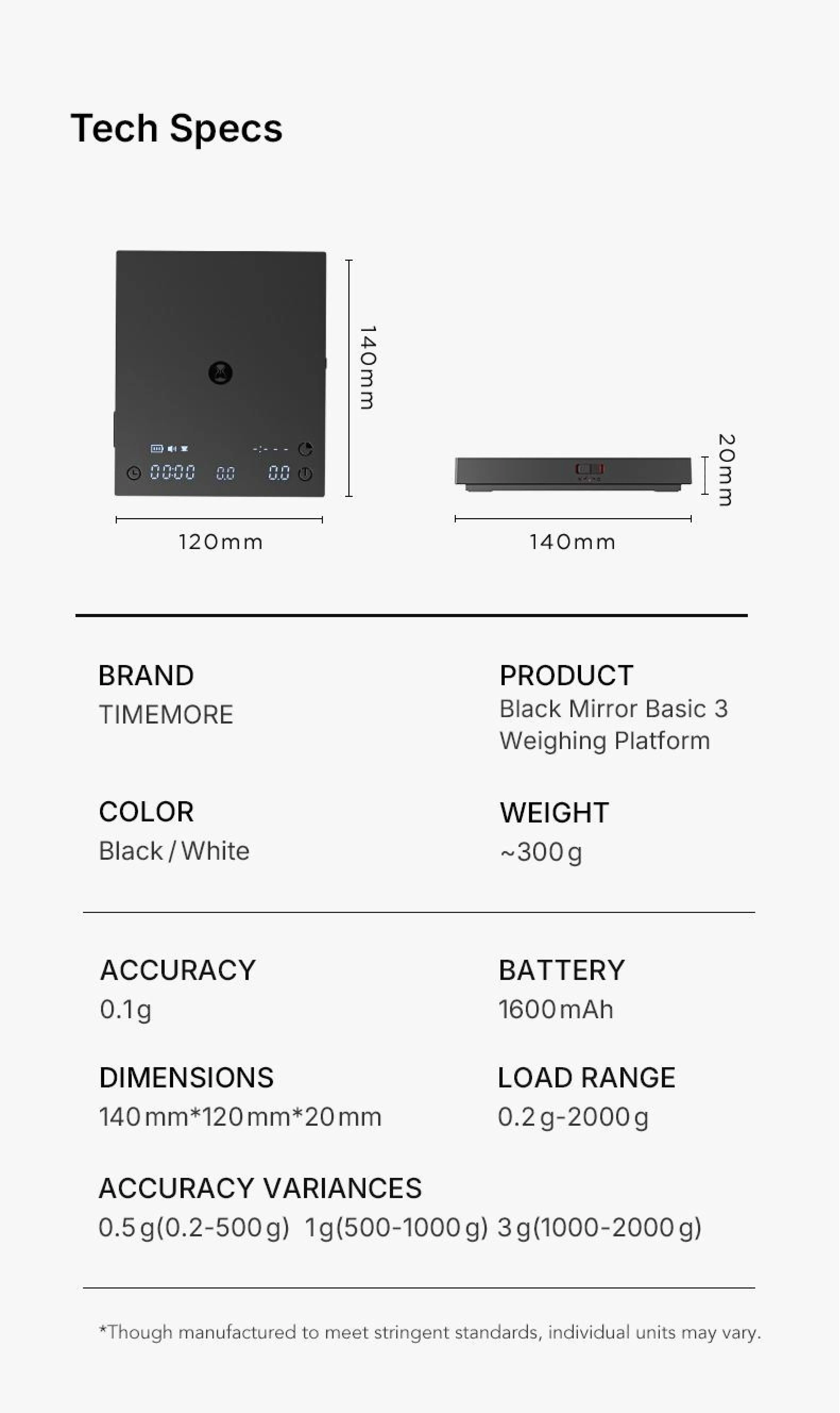 TIMEMORE Black Mirror Basic 3 Kaffeewaage Küchenwaage Digitale Waage Mini-Wiegeplattform Schlanker Intelligenter Leichtgewicht – Detail 20