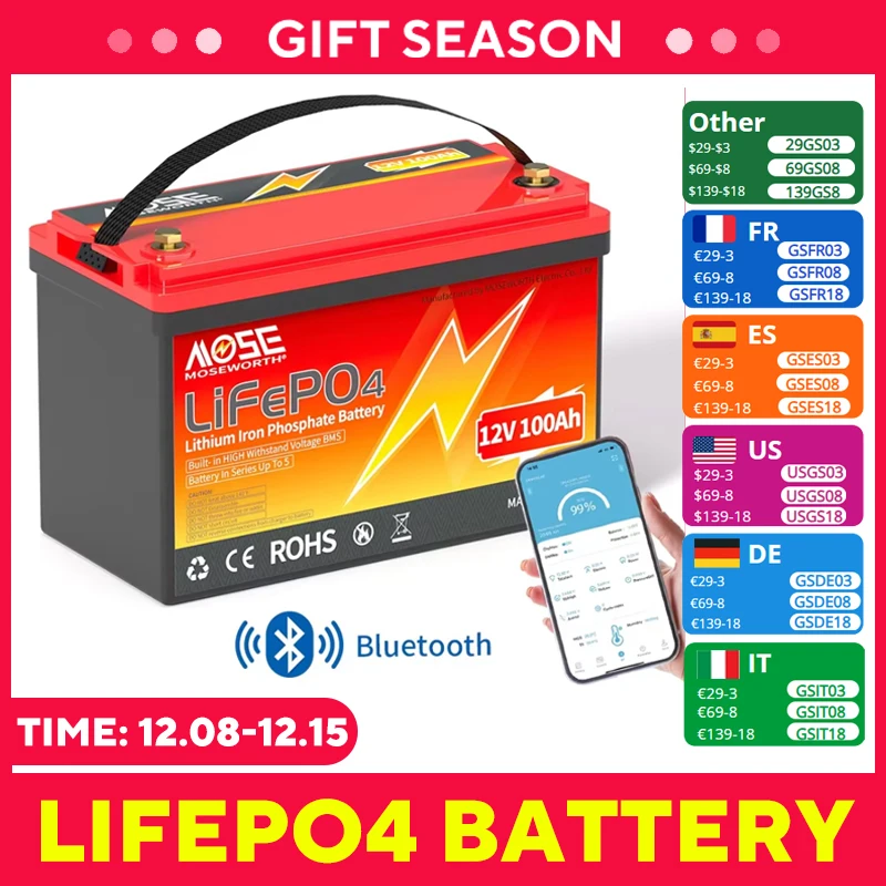 12V 100Ah LiFePO4 Battery With 100A Bluetooth BMS Lithium Battery Deep Cycle Iron Phosphate Rechargeable Batteries For RV Camper