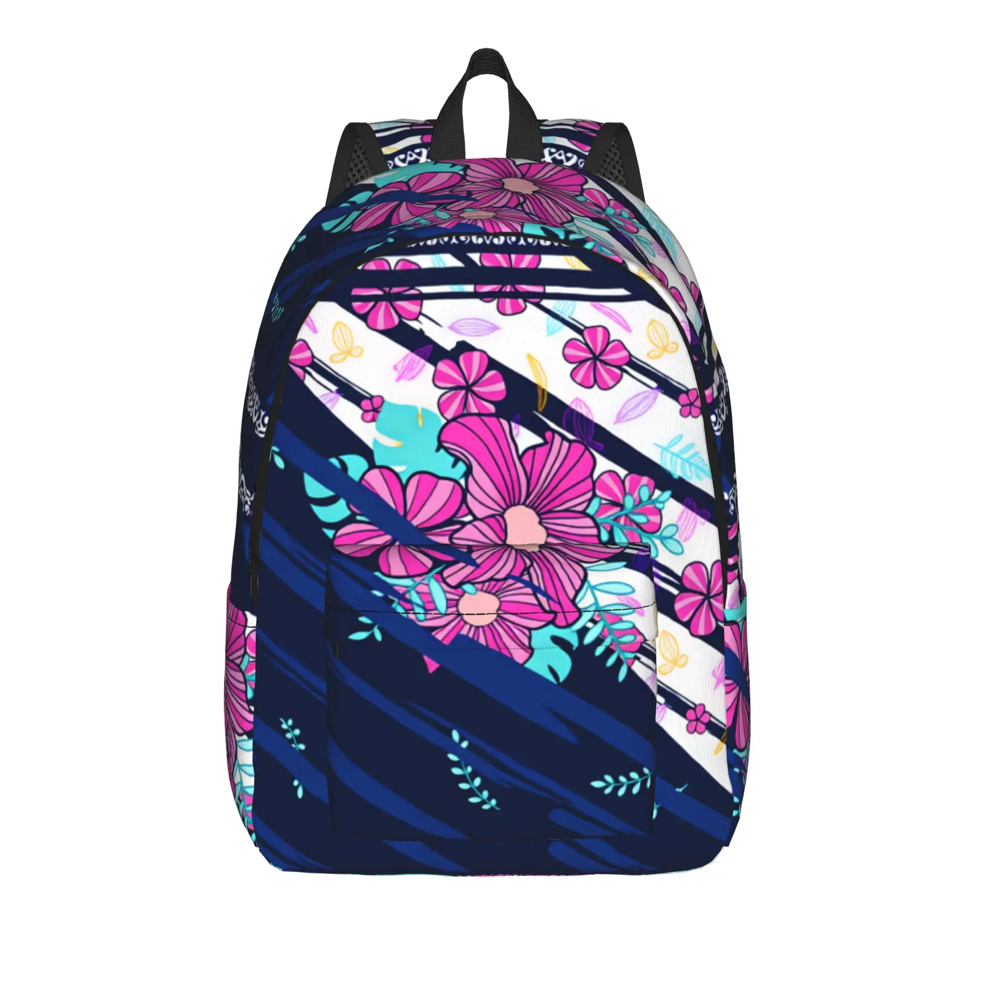 Navy Stripe Tropical Flower Backpack  Camping Backpacks Men Fashion School Bags Design Durable Rucksack
