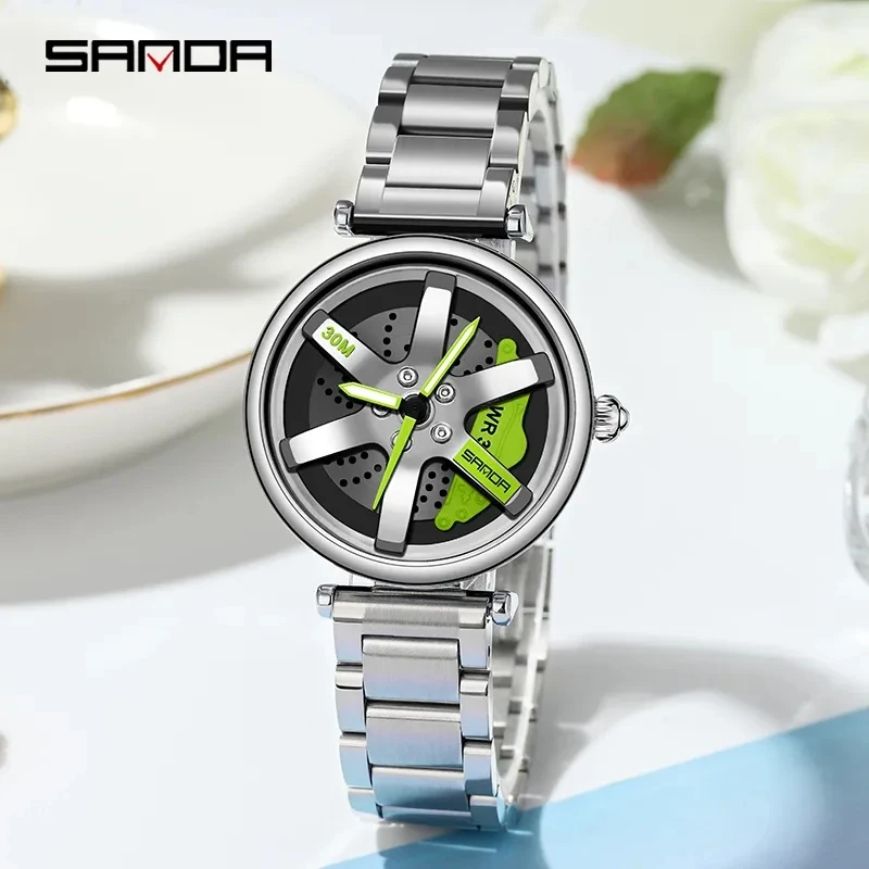 SANDA 1073 moda donna orologi per il tempo libero Sport Car Wheel Hub orologio impermeabile 360 quadrante rotante orologio da polso al quarzo da donna in acciaio inossidabile
