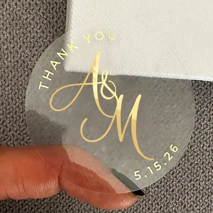 

Gold Stickers for Wedding Invitations, Envelopes or Party Favors, Lettered Transparent Labels, Custom Round Stickers