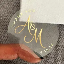 Gold Stickers for Wedding Invitations, Envelopes or Party Favors, Lettered Transparent Labels, Custom Round Stickers