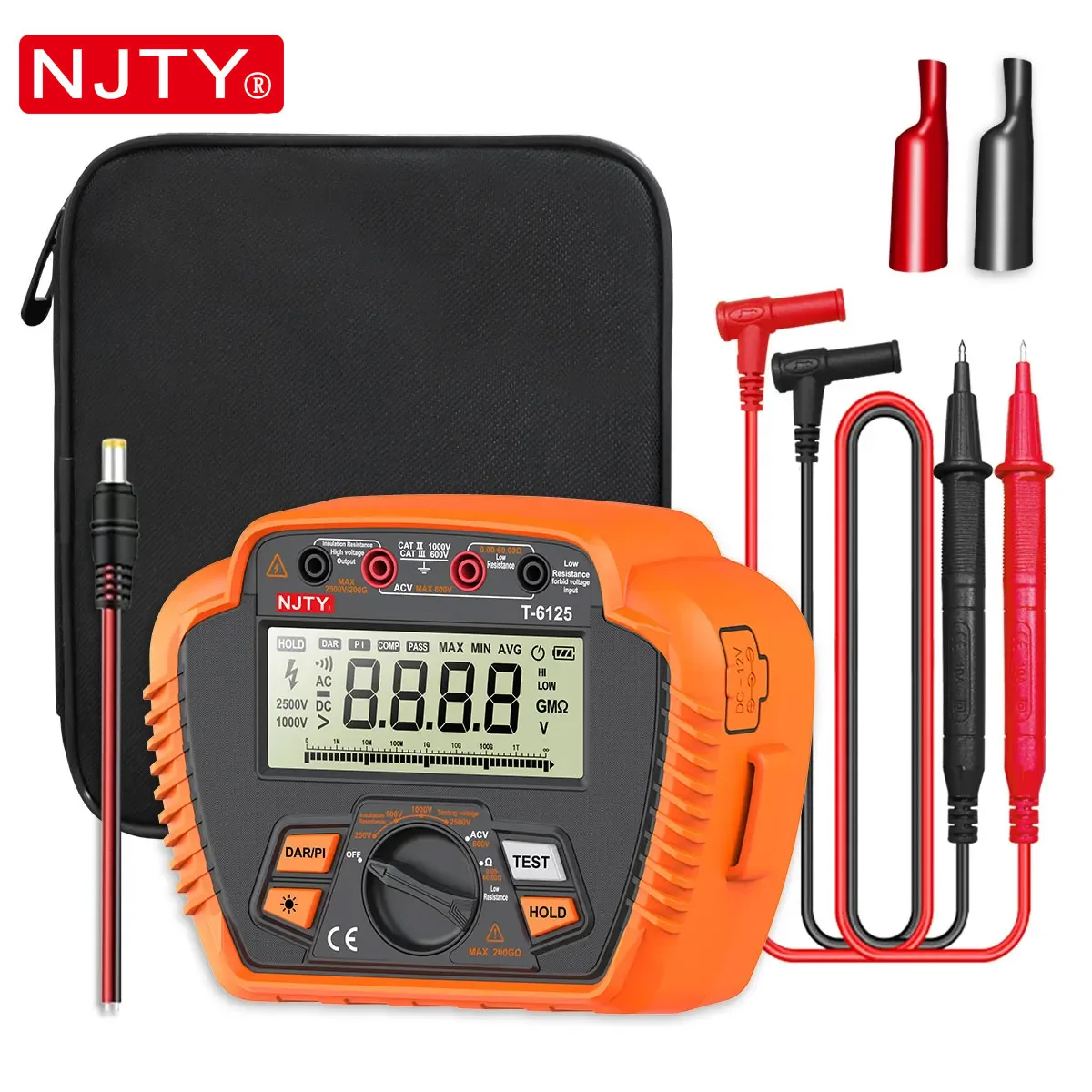 

NJTY T-6125 Digital Megohmmeter 1000V/2500V MAX 20GΩ/200GΩ Insulation Resistance Meter Voltmeter Large Screen PI DAR Tool