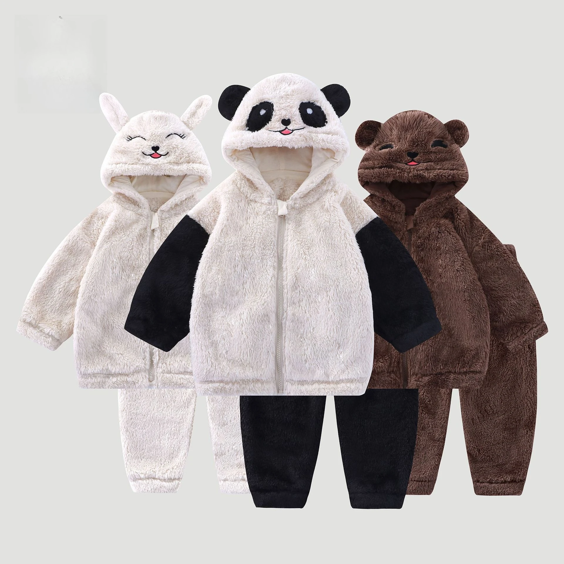 

Kid Girl Boy Adorable Plush Set Hooded Zipper Coat Long Sleeve Pants Fleece Lining Children Pajamas Soft Cozy Baby Winter Wear