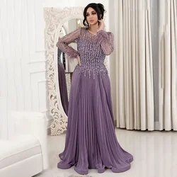 Customized Round Neck A-line Prom Gown Long Sleeve Feathers Pleat Evening Dresses Lace Elegant Banquet Dress Formal Party Gowns