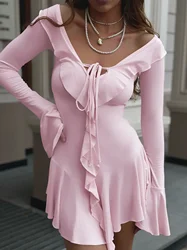 Ruffled Lace-Up White Mini Dress Women's V-Neck Patchwork Long Sleeve Sexy Slim Dress Bandage Elegant Female Summer Dress