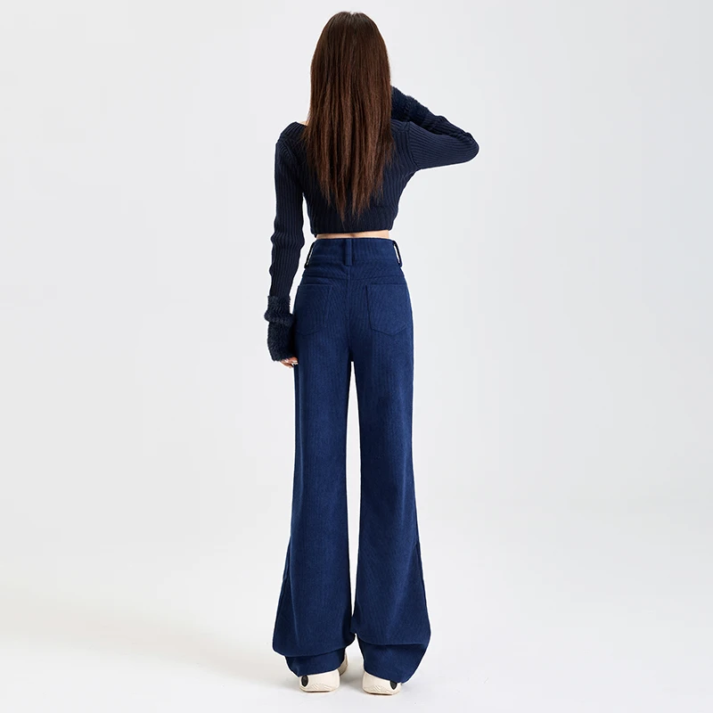 Francuskie spodnie retro z ciemnoniebieskiego sztruksu, lekko rozszerzane, dla kobiet na jesień i zimę 2025, małe i ekskluzywne długie spodnie.