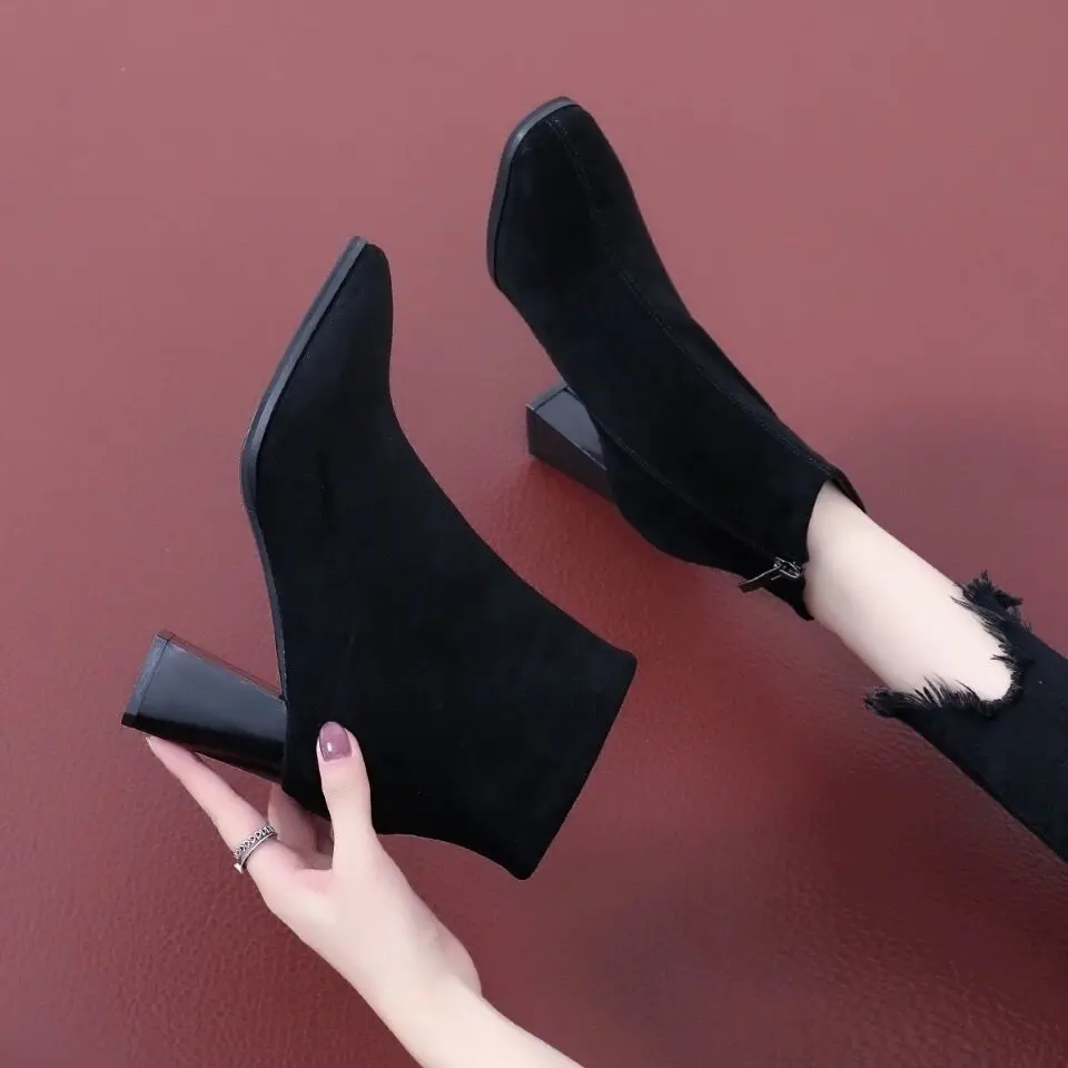 Heeled Ankle Boots for Women Autumn Winter Fleece-Lined Booties Trend 2025 Black Woman Short Shoes on Offer Large Size Warm Boot