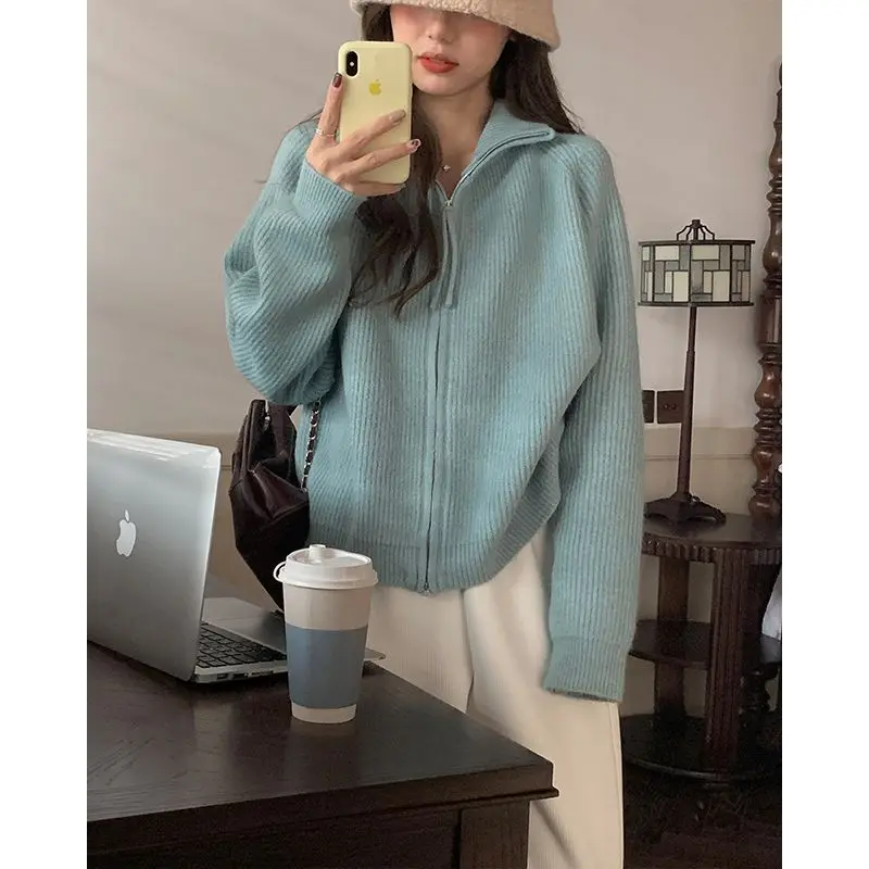 

Pink Knitted Sweater Long Sleeve Top Versatile Niche Polo Collar Jacket Bottoming Shirts Streetwear T-Shirts Zipper Cardigan