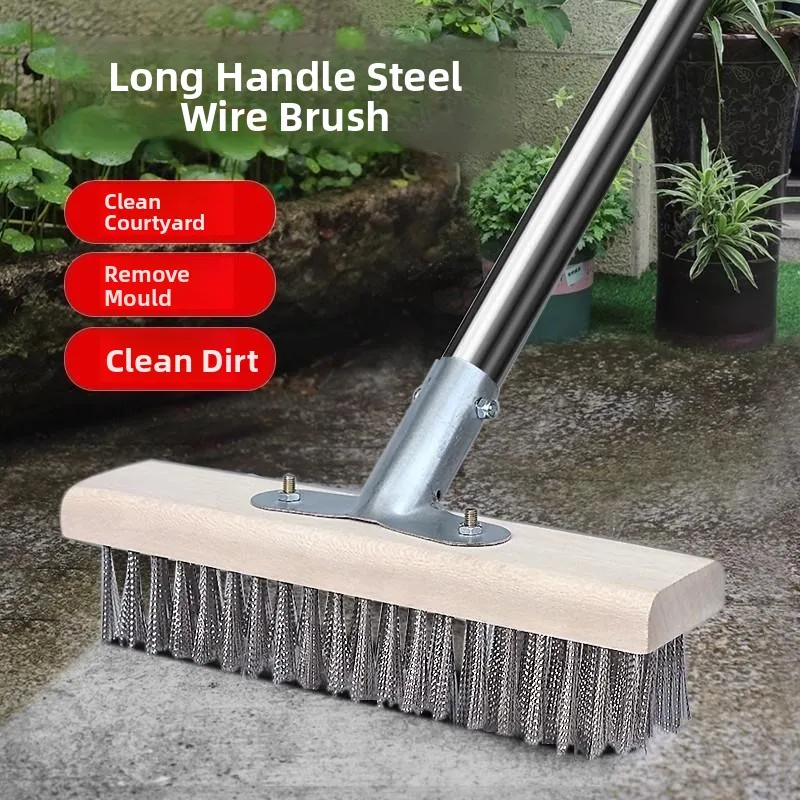 

Large Stainless Steel Wire Broom for Courtyard Cleaning Hard Bristle Removal Tool Outdoor Home Use Wooden Handle