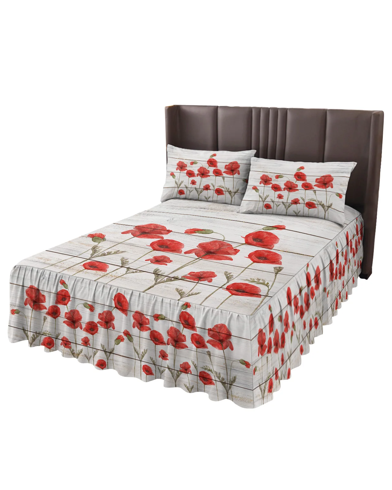 Red Poppy Flower Wood Board Bed Skirt Elastic Fitted Bedspread With Pillowcases Mattress Cover Bedding Set Bed Sheet