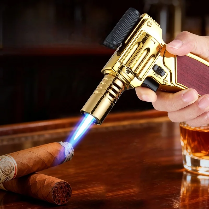 

Jet Torch Lighter, Windproof Butane Gas Lighter, Gun-shaped Metal Lighter with Wood Handle, Refillable for Cigar BBQ Camping