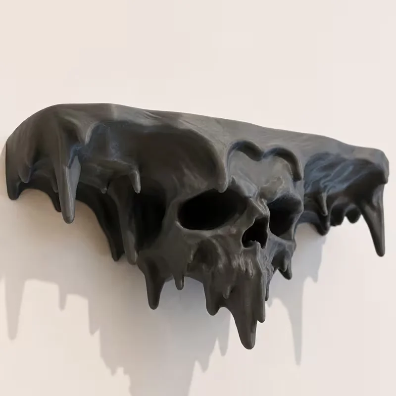 3D-Printed Melting Skull Floating Shelf Wall Rack Unique Design Sturdy Durable Cool Black Style Wall Mount for Home Decor