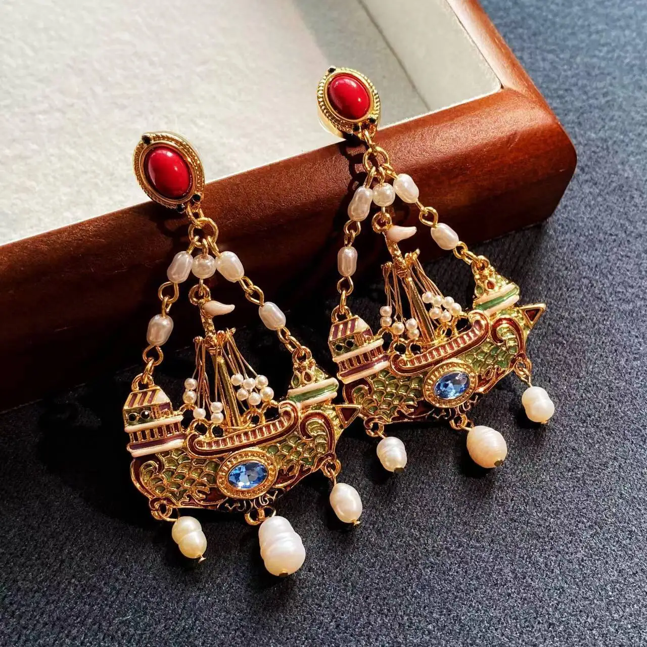 Baroque Galleon Ship Drop Earrings  Enamel Boat Pendant Freshwater Pearl Tassel Blue CZ Vintage Statement Earrings Women