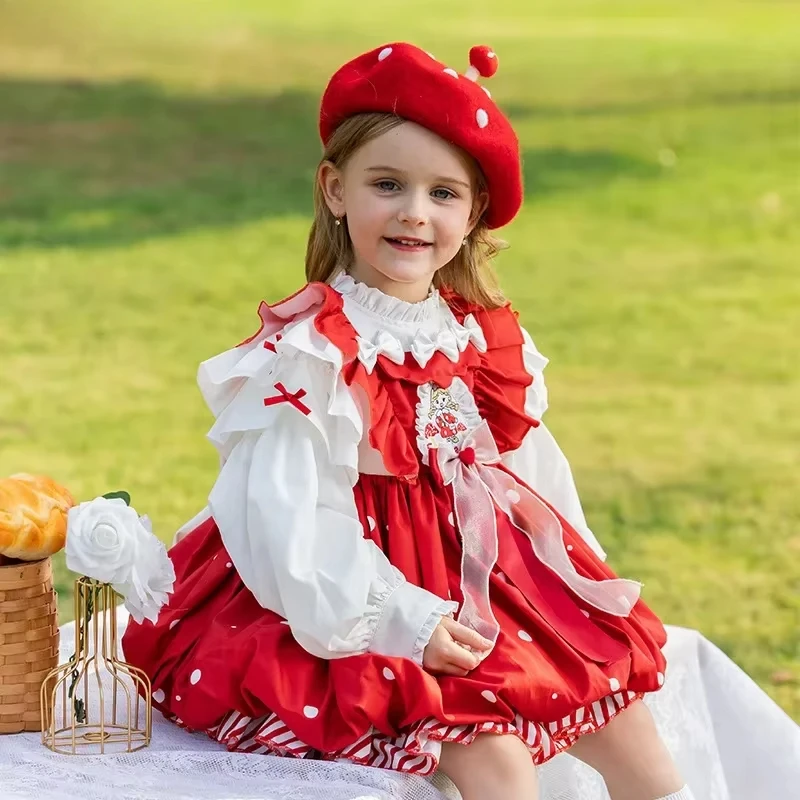 2025New Girls Lolita Group Children Autumn Red Cartoon Mushroom High Quality  One-Piece Costume Skirt Clothes Kids Party