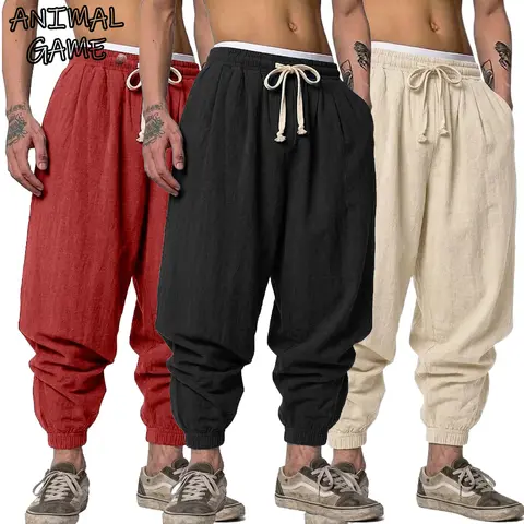 Korean Linen Trousers Man Autumn Gym Man Yoga Casual Baggy Pants Spring Autumn Harem Pants Loose Drawstring Work Pants Men