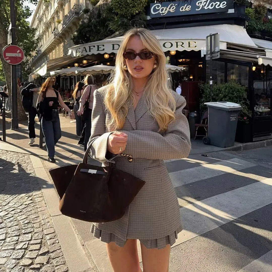 

Женский весенний костюм KIDCRKJ с поясом и узором «гусиная лапка», пиджак с отложным воротником и карманами на пуговицах, элегантный повседневный блейзер для женщин