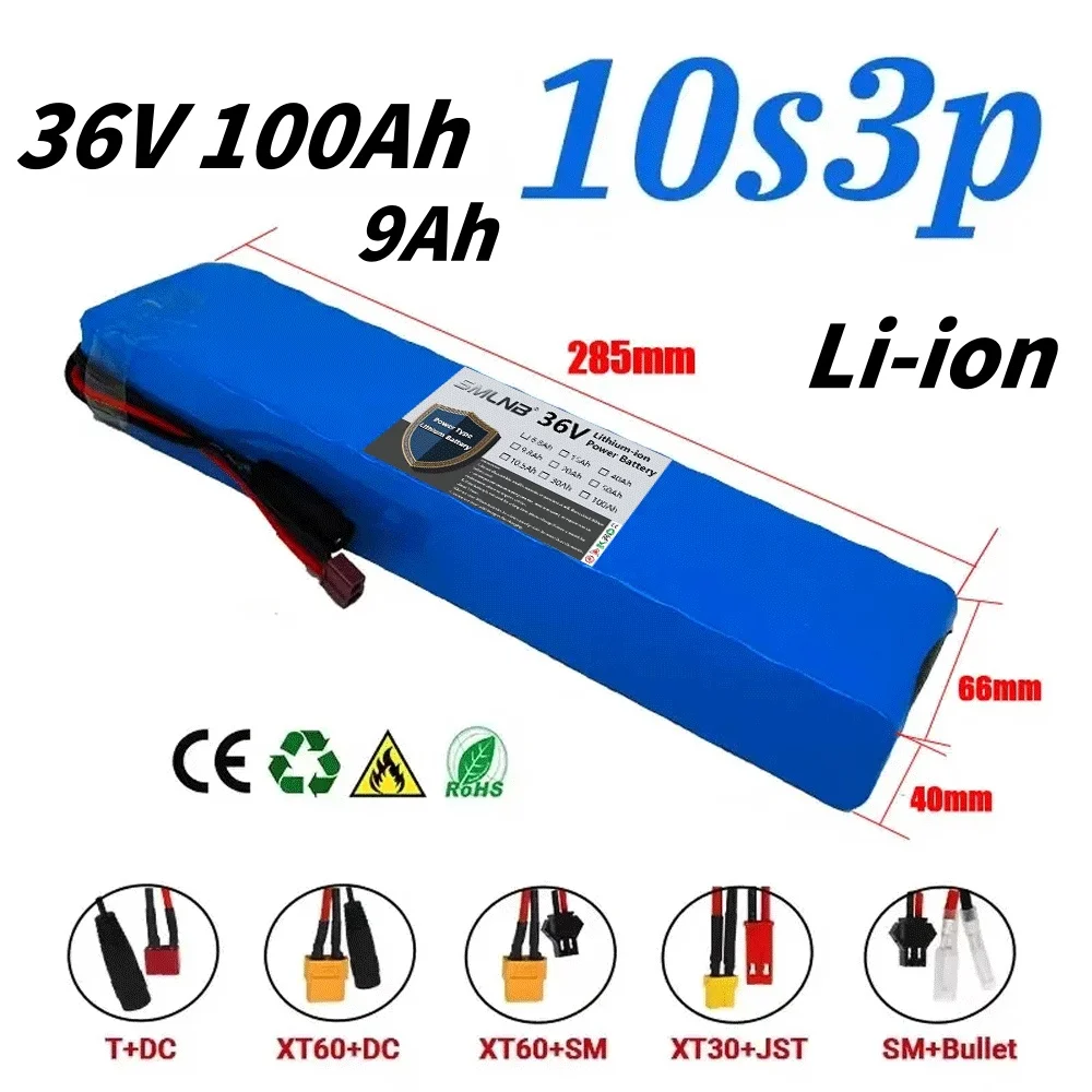 

36V 100Ah 9Ah 18650 Rechargeable Lithium Battery Pack 10S3P 1000W with BMS for Bicycle Scooter Battery Pack+Charger