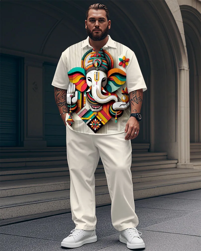 

S-9XL Plus Size Men's Ethnic Elephant Print Shirt, Casual Short Sleeve Button Down for Streetwear & Daily Wear