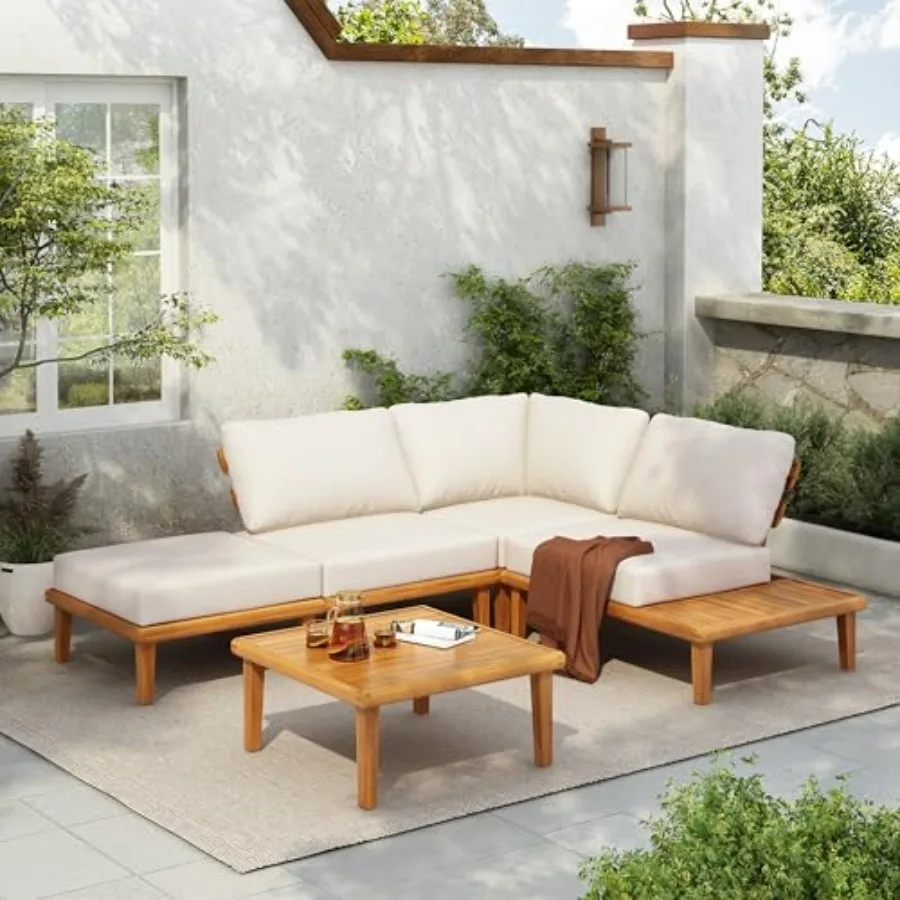 

Avax 4-Seater Patio Furniture Set with Removable Cushion, 5 Piece Outdoor Acacia Wood Conversation Set, L-Shaped Outdoor Sectio