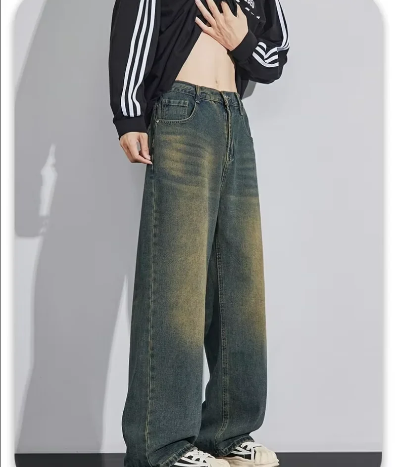 2026 hot selling new men's casual long jeans classic men's straight leg denim wide leg pants solid color material soft