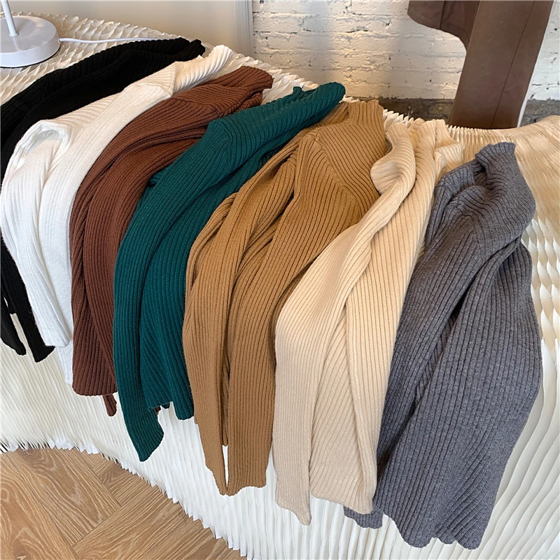2026 Autumn Winter Turtleneck Sweaters Women Basic Solid O-Neck Slim Fit Ribbed Knit Women Pullover Korean Fashion Black Sweater