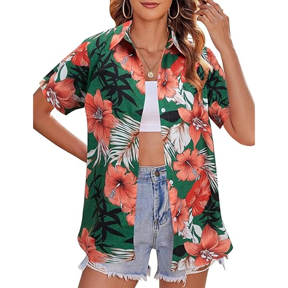 New Fashionable Short Sleeve Shirts For Women Hawaii Floral 3d Printed Basic Shirts Beach Resort Style Single Breasted Shirts