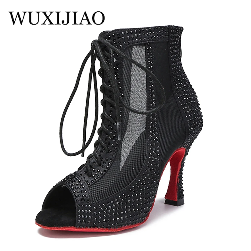 WUXIJIAO Women's High Top Latin Dance Shoes Black Rhinestone Red Soft Sole Ballroom Shoes Salsa Tango Shoes Party Sandals