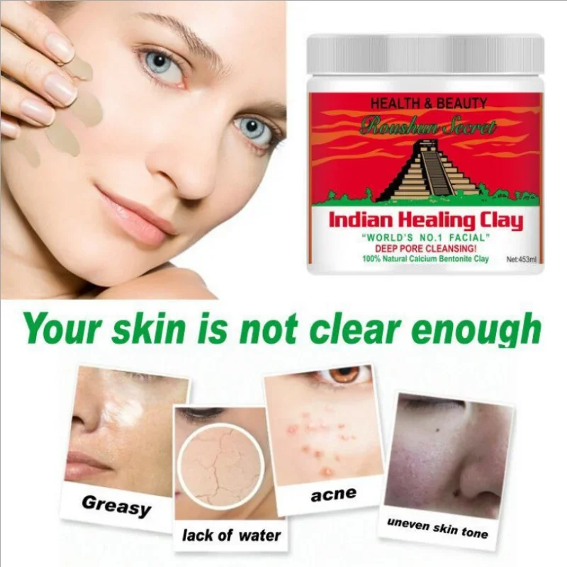 Indian Healing Clay Deep Pore Cleansing Facial & Body Mask Moisturizing Oil Control Acne Treatment Mask Powder Skin Care 453ml