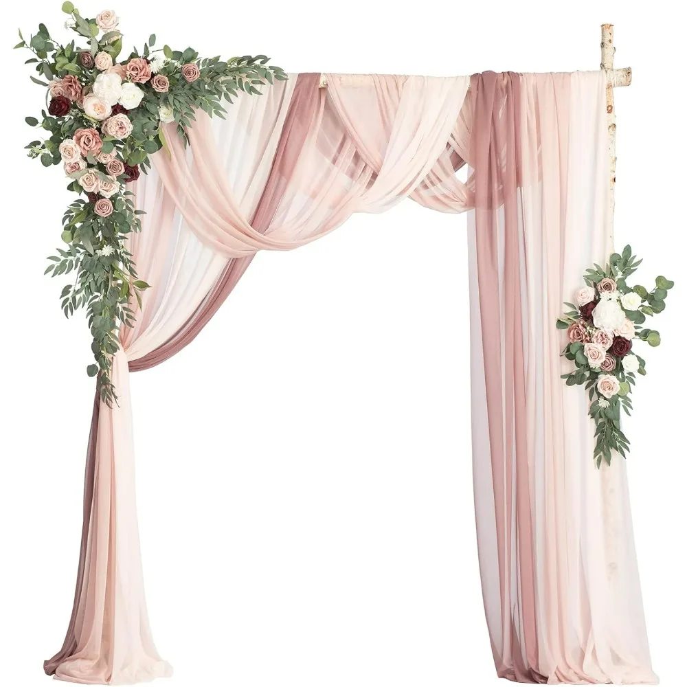 

Deluxe Pink Artificial Wedding Arch Flowers, 2pcs Flower Arrangements 3pcs Sheer Hanging Drapes Arbor Floral Decorations