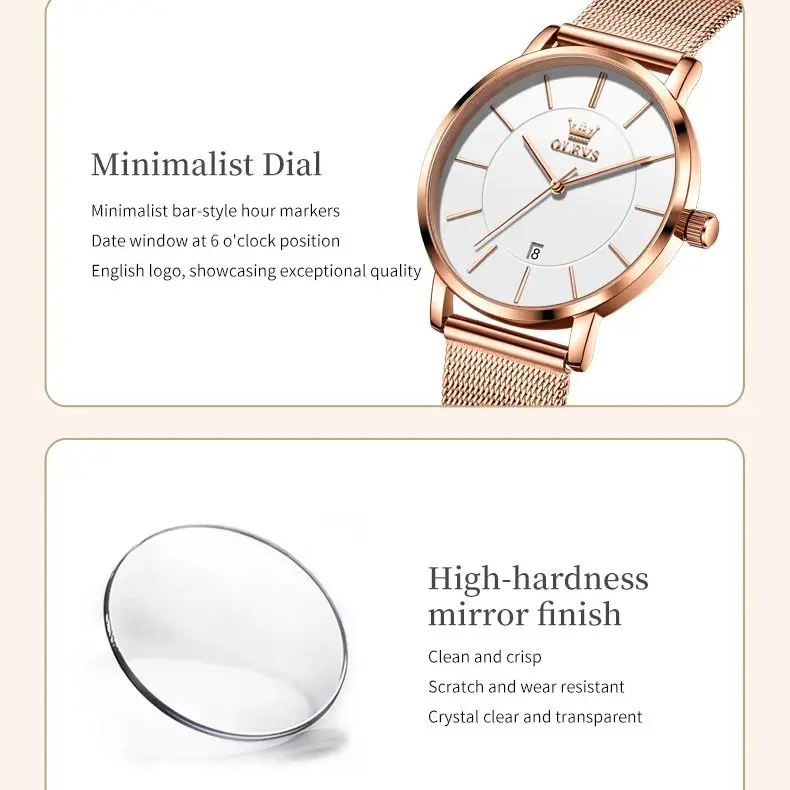 OLEVS 5869 Orologio al quarzo da donna semplice moda Ultra sottile 6,5 mm Data Orologio impermeabile in acciaio inossidabile Orologio da donna elegante di lusso