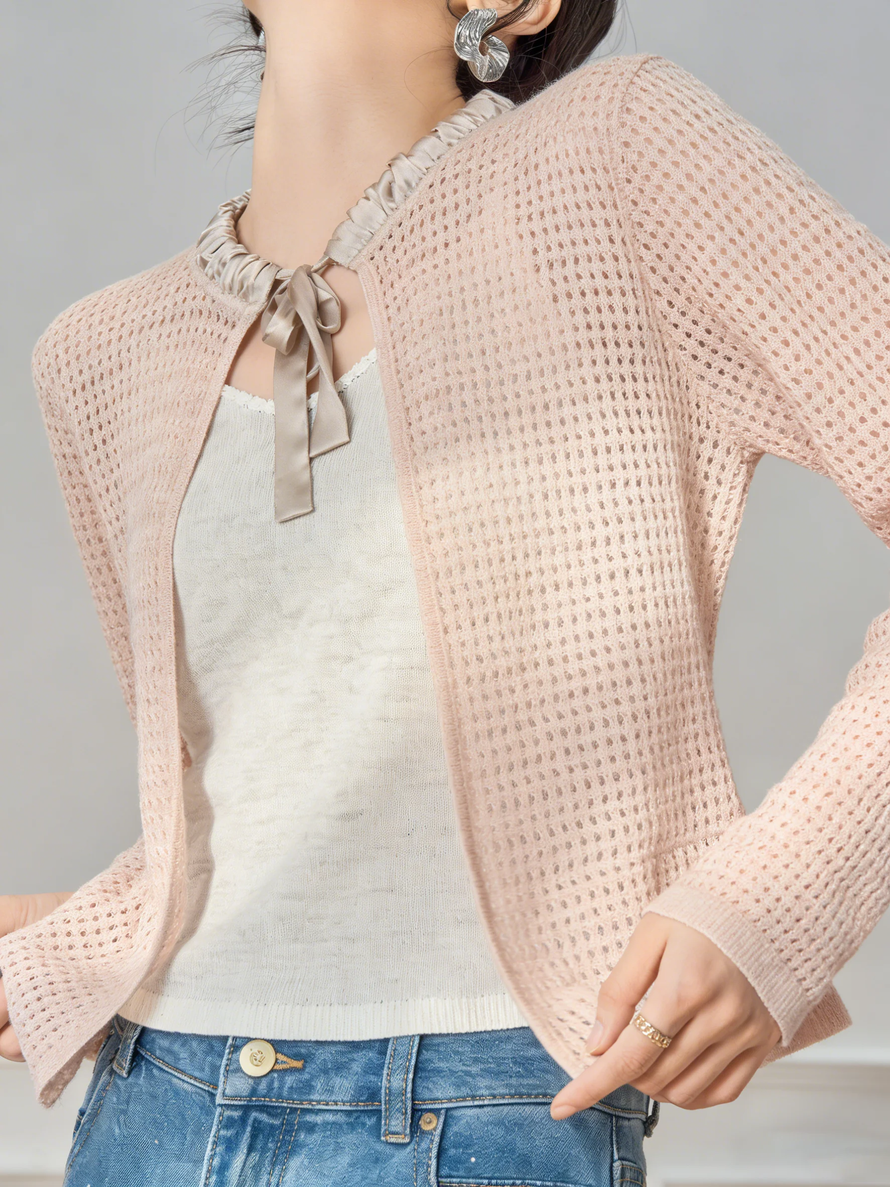 

Elegant Knitted Long Sleeve Cardigan Women's Fashion Trend Pink Series Belted Hollow out Design Commute Style Polyester Blend