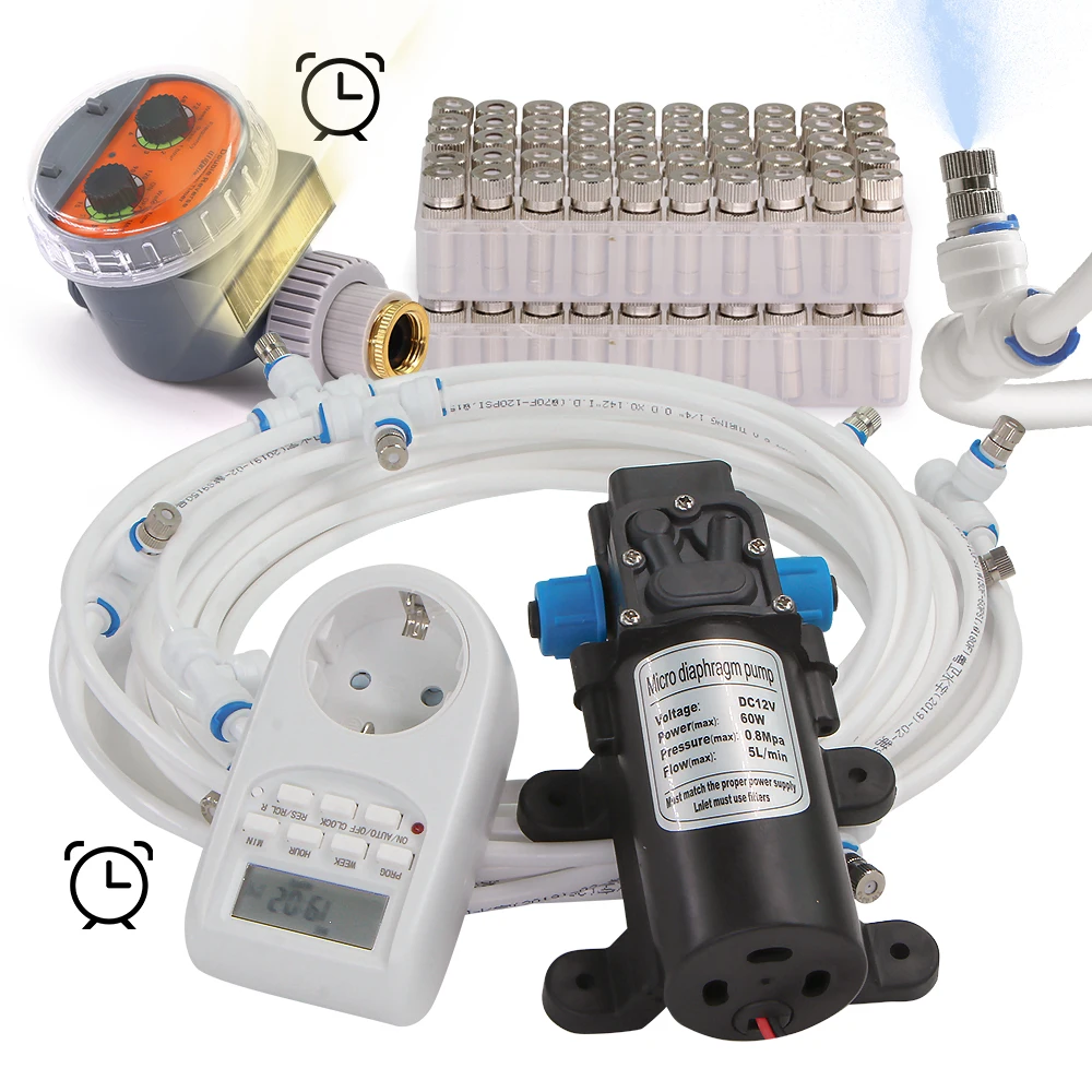 6-21M 0.4mm Nozzle Misting Cooling Kit 60W Water Pump Spray Sprinkler Kit for Greenhouse Summer Automatic Fogger Watering System