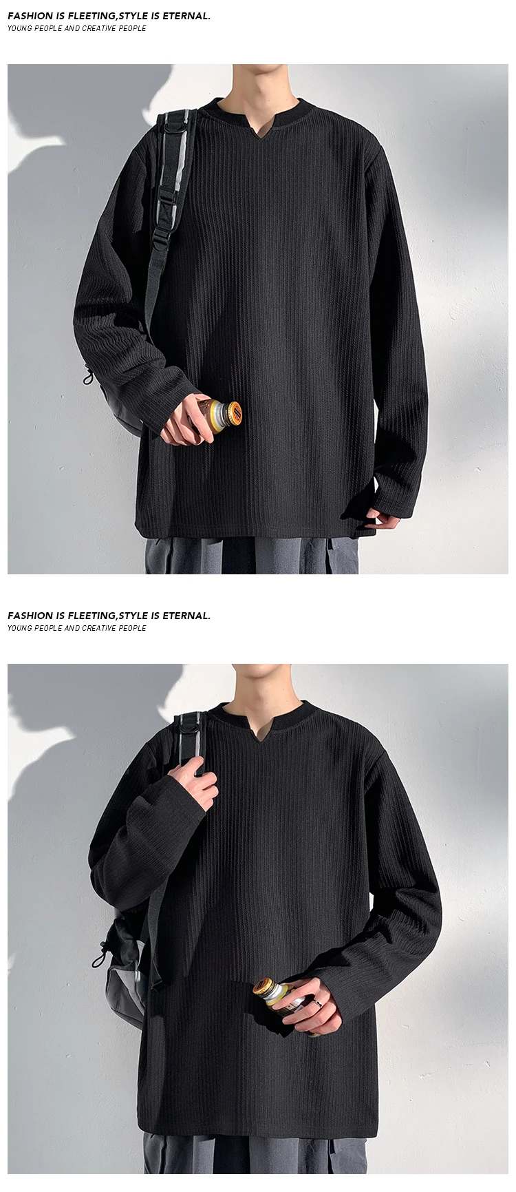 Herren-T-Shirt mit V-Ausschnitt, langen Ärmeln, vertikalen Streifen, geripptem Stoff, lockerer Passform, bequem, lässig, Basic-Oberteil für Herren. – Detail 21
