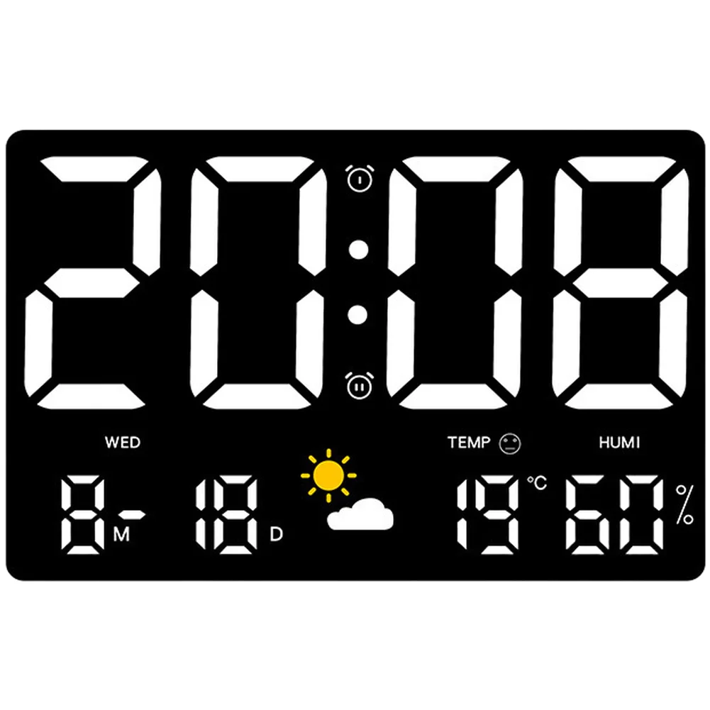 LED Wall Clock with Multi-Function Digital Display Including Time Date Week Weather for forecast Temperature and Humidity Data