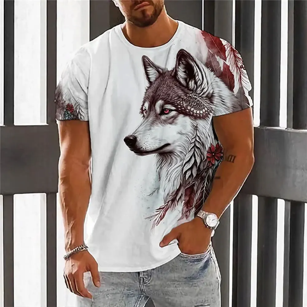 New Men\'s Fashion Versatile Round Neck Short-Sleeved T-Shirt 3d Printed Wolf Pattern Tops Tees Summer Outdoor Men\'s Clothing