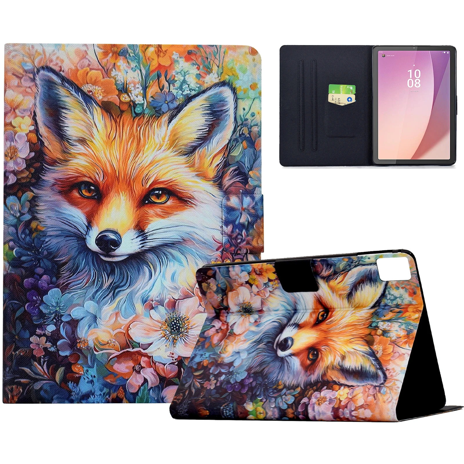 For Lenovo Tab M9 TB-310FU Case Colorful Pattern Painting Card Slots Stand Leather Tablet Cover with Auto Sleep  /  Wake - Fox i