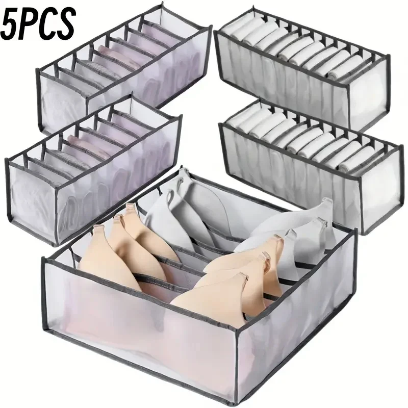 

5-Pack Home Storage Boxes Foldable Plaid Underwear Combination Bags Nylon Drawer Dividers for Socks Panties and Underwear