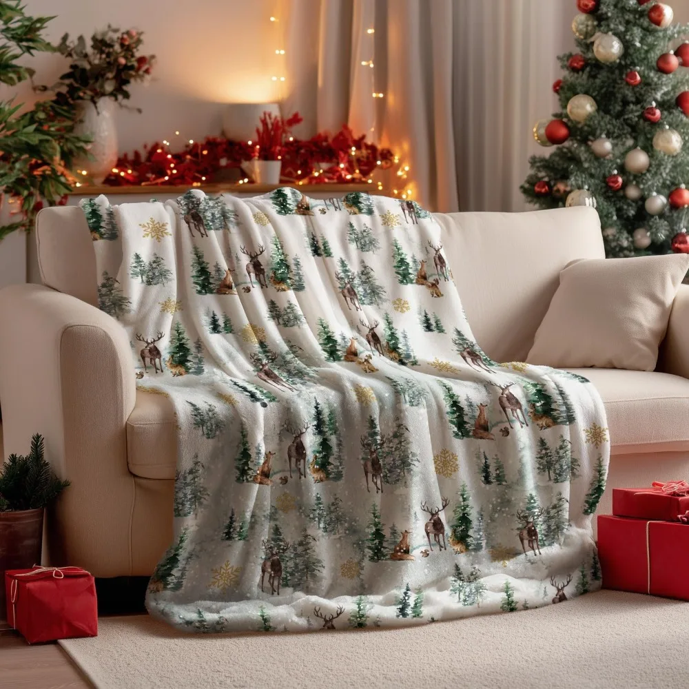 

Cozy Christmas Flannel Blanket with Trees, Reindeer, and Snow Design for Sofas and Couches