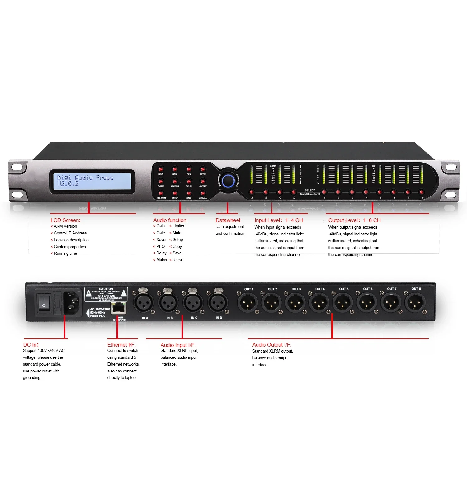 NUOXUN AD408 Speaker management system digital audio processor 4 in 8 out audio DSP equalizer bass sound processor audio