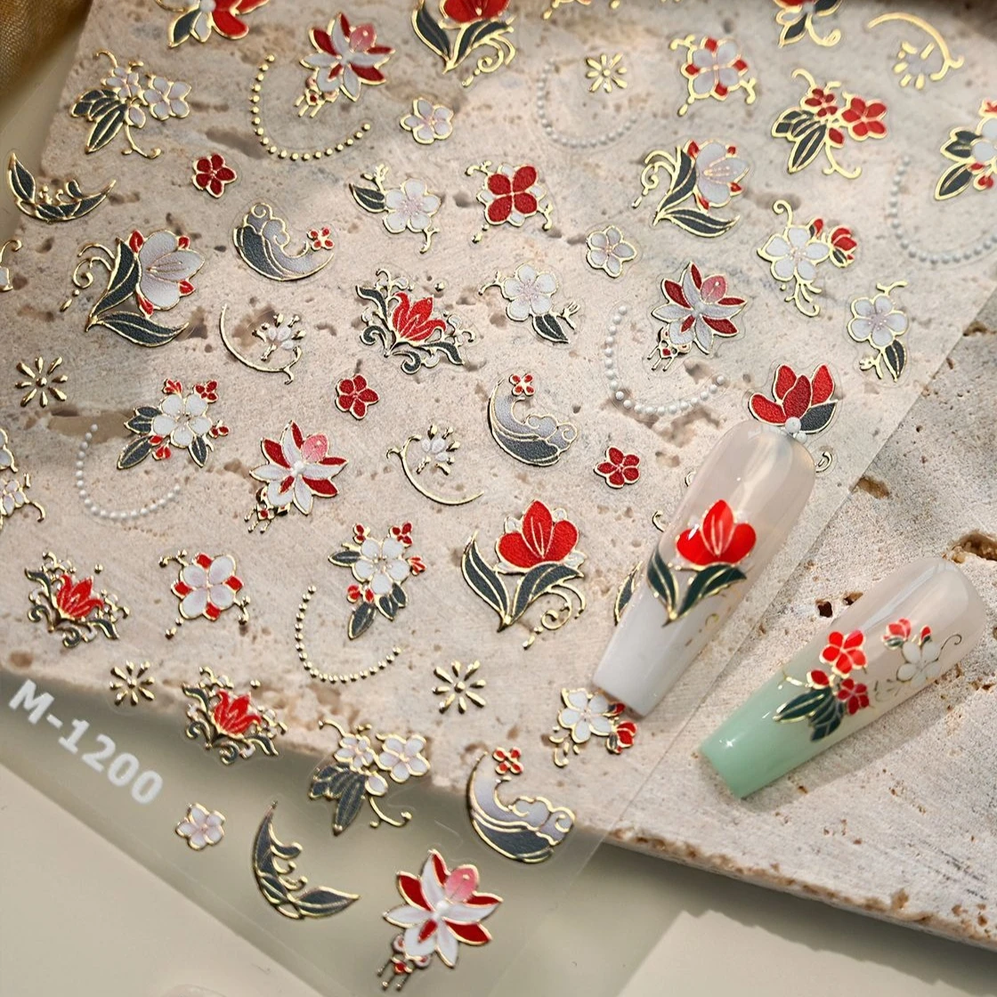 Autocollants de manucure pour Nail Art, fleur rouge et blanche délicate, estampage à chaud romantique, nuages de bon augure, pivoine, maïs, coquelicot, feuilles vertes