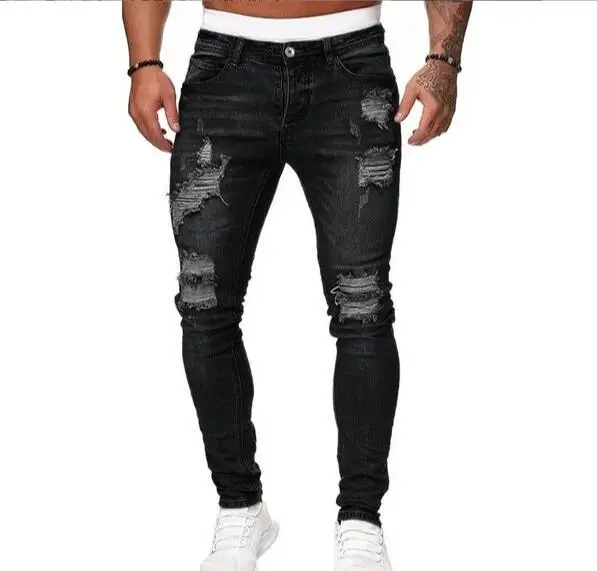 Rua elástica jeans masculino calças jeans lavagem cor sólida casual meados de cintura calças fino ajuste uso diário corredores