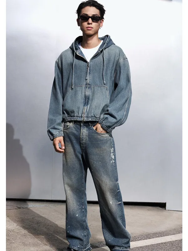 

Loose Fit Casual Waed Denim Jaet for Men Autumn New Sle Hooded Outerwear Youth Trend Cotton Long Sve Zipper Closure