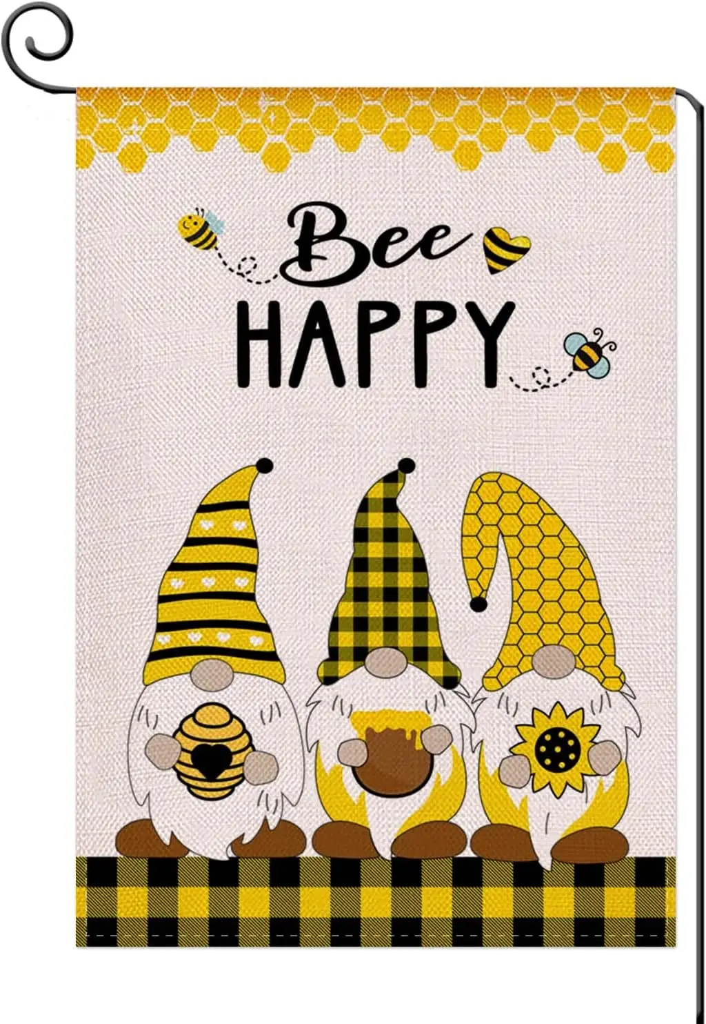 Bee Happy Sunflower Garden Flag,Cute Bee Gnomes with sunflower Garden Flag,Spring Summer Double Sided Seasonal Burlap Garden Fla