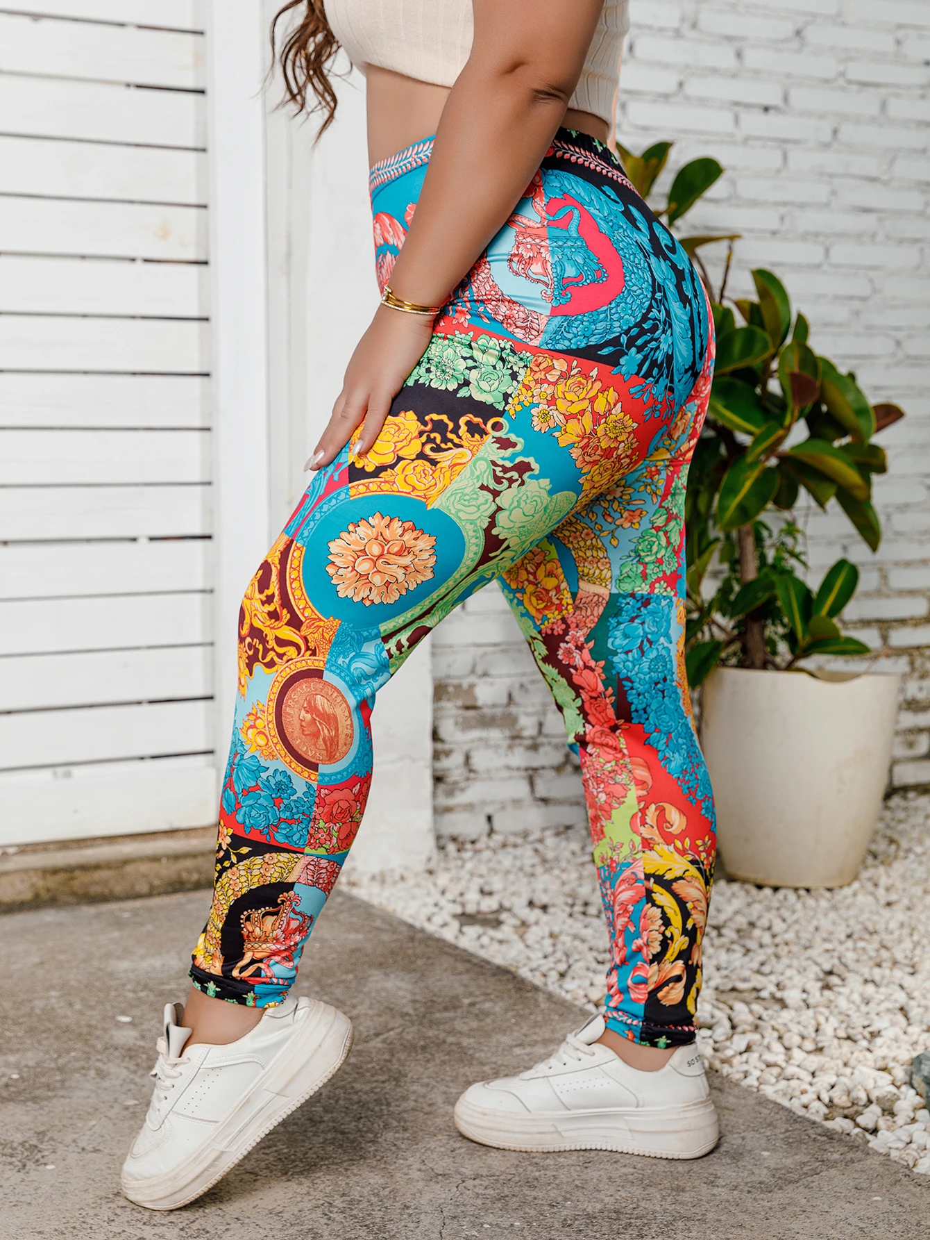 Plus Size Women's Colorful Patchwork Floral Print Leggings High Stretch Knit Casual Comfort Sports Pants Mid-Waist Trousers