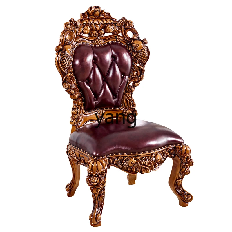 LH all solid wood Pisces carved first layer leather book chair luxury restaurant back chair
