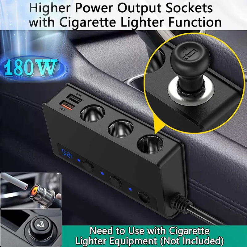 LOLOAGO 180W High Power Car Charger with QC3.0 4-USB One-Two-Three Independent Switch Cigarette Lighter Socket for Fast Charging