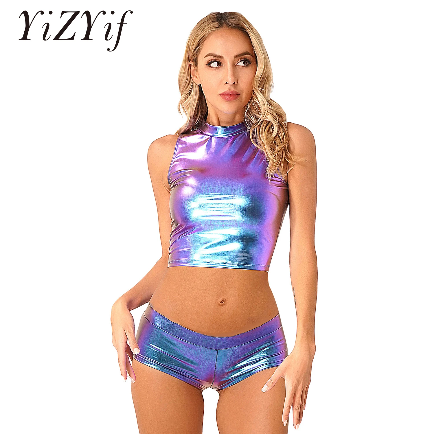 Y2k Clothes 2 Piece Set Womens Girls Sleeveless Crop Top And Hot Shorts Metallic Rave Festival Night Club Pole Dancing Costume