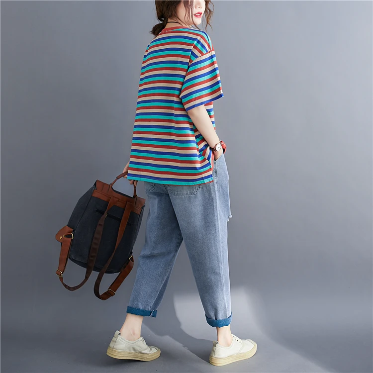 プラスサイズの女性の T-irt 韓国 Sle 夏カジュアルルーズスリムストライプラウンドネオート Sve トップお腹カバーコットン